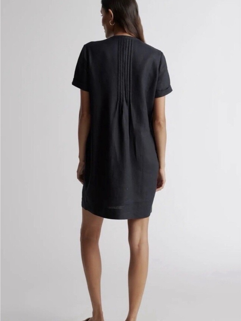 Quince European Linen Short-Sleeve Swing Pintuck Dress Black Size L. EUC. - Picture 2 of 4
